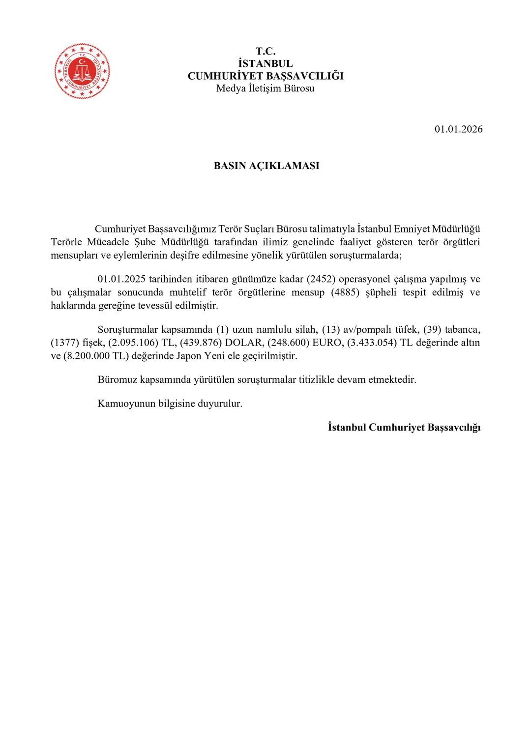 İstanbul Cumhuriyet Başsavcılığı, 2025 yılı ter&ouml;r &ouml;rg&uuml;tlerine operasyonların raporunu a&ccedil;ıkladı 2