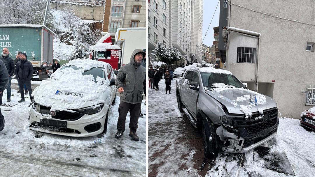 Kağıthane’de yokuştan kayan kamyonet kar topu oynayan çocuklara çarptı! O anlar kamerada 4
