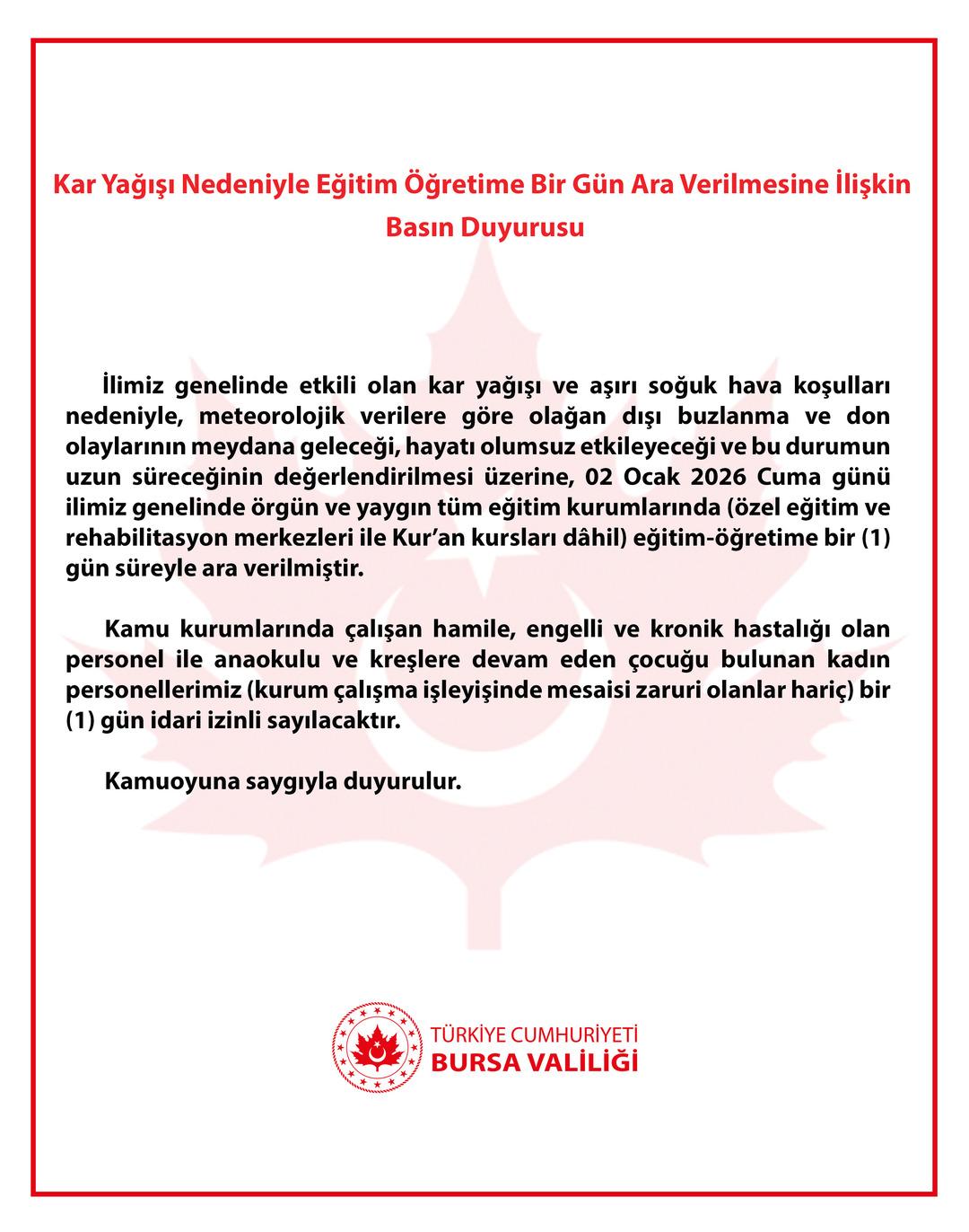 Bursa&rsquo;da Okullara Kar Tatili! 2 Ocak 2026 Cuma Eğitime Ara Verildi 1