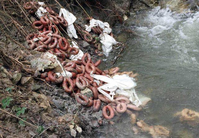 Dereye yüzlerce kilo sucuk ve kokoreç atıldı