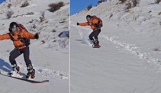 Diş hekimi tırmandığı dağdan snowboard yaparak indi