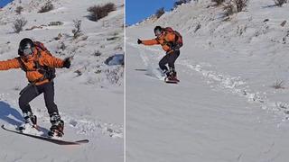 Diş hekimi tırmandığı dağdan snowboard yaparak indi