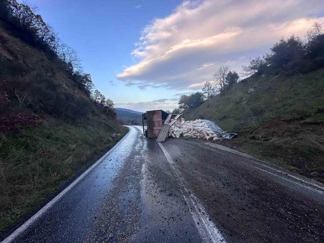 G&ouml;nen-Denizkent yolunda kamyon devrildi 3