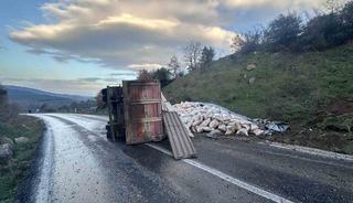 G&ouml;nen-Denizkent yolunda kamyon devrildi