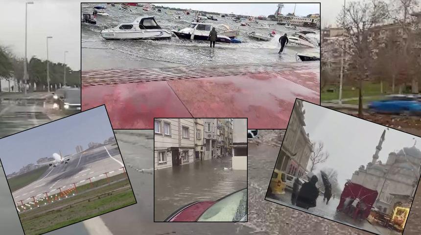 U&ccedil;aklar inemedi, iş&ccedil;iler savruldu, tekneler karaya oturdu! İstanbul'da korku filmi gibi fırtına