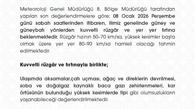 Niğde Valiliği’nden kuvvetli rüzgar ve fırtına uyarısı