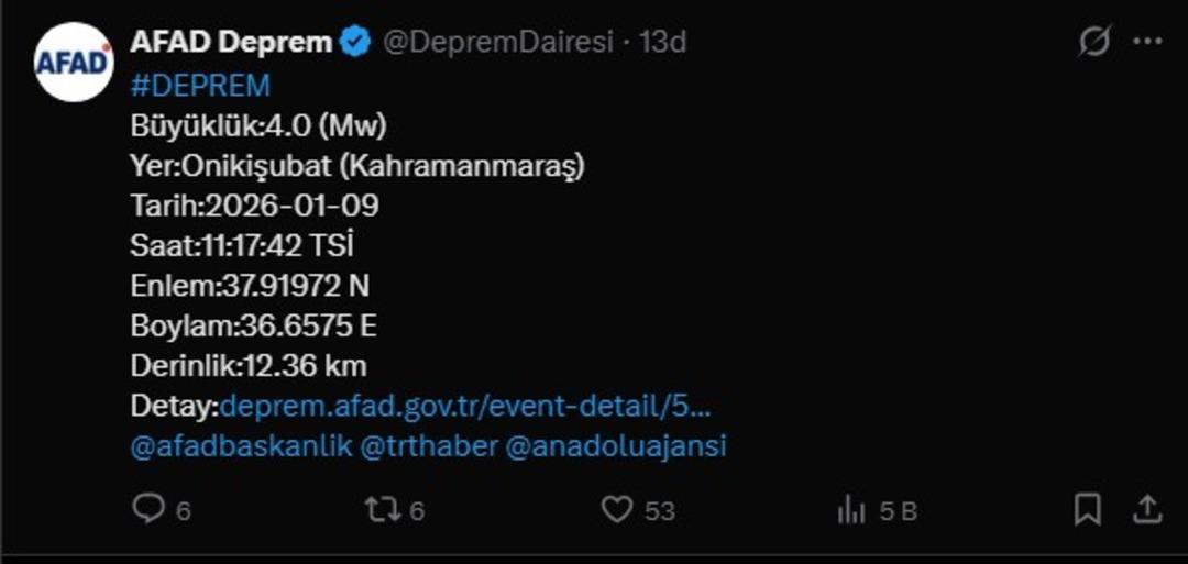 AFAD duyurdu! Kahramanmaraş ta 4 b&uuml;y&uuml;kl&uuml;ğ&uuml;nde deprem 1