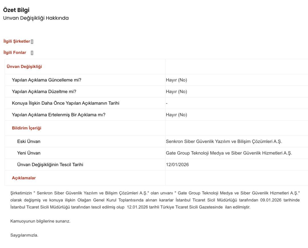 Senkron Siber G&uuml;venlik&rsquo;te (SNKRN) İsim Değişikliği: Gate Group D&ouml;nemi Başladı 1