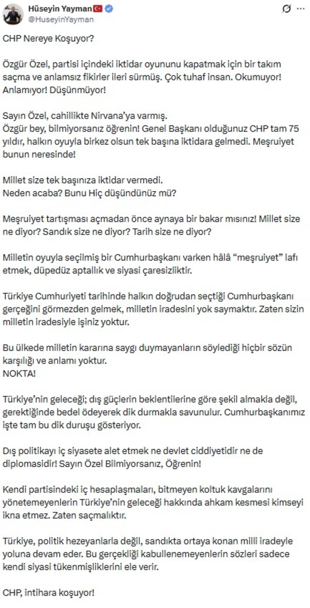 AK Partili Hüseyin Yayman’dan Özgür Özel’e sert sözler: “CHP intihar ediyor” 2