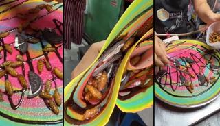 Bangkok&rsquo;ta &ldquo;sokak lezzeti&rdquo;: Dışı renk renk i&ccedil;i b&ouml;cek larvası!