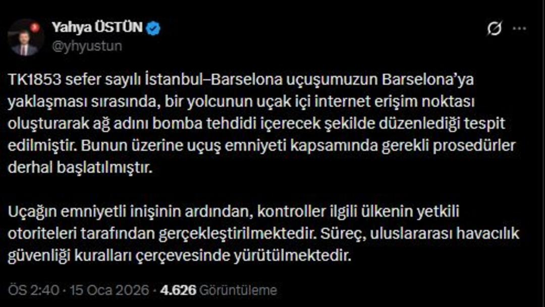 THY nin İstanbul-Barselona u&ccedil;uşunda bomba paniği! İlk a&ccedil;ıklama geldi 1