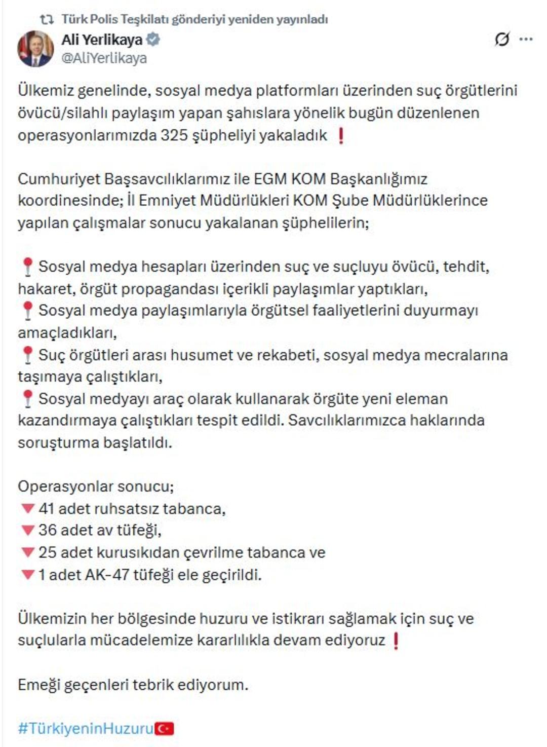 Bakan Yerlikaya duyurdu: Sanal medyada su&ccedil; &ouml;rg&uuml;t&uuml; propagandasına 325 g&ouml;zaltı 1