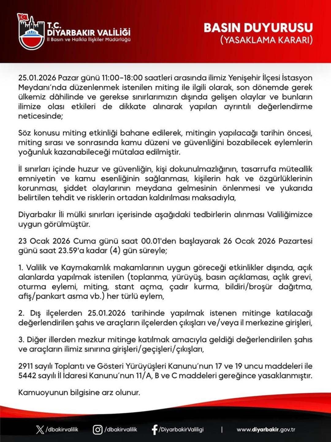 Diyarbakır da 4 g&uuml;nl&uuml;k yasak! Valilik duyurdu: 25 Ocak mitingi işaret edildi 2