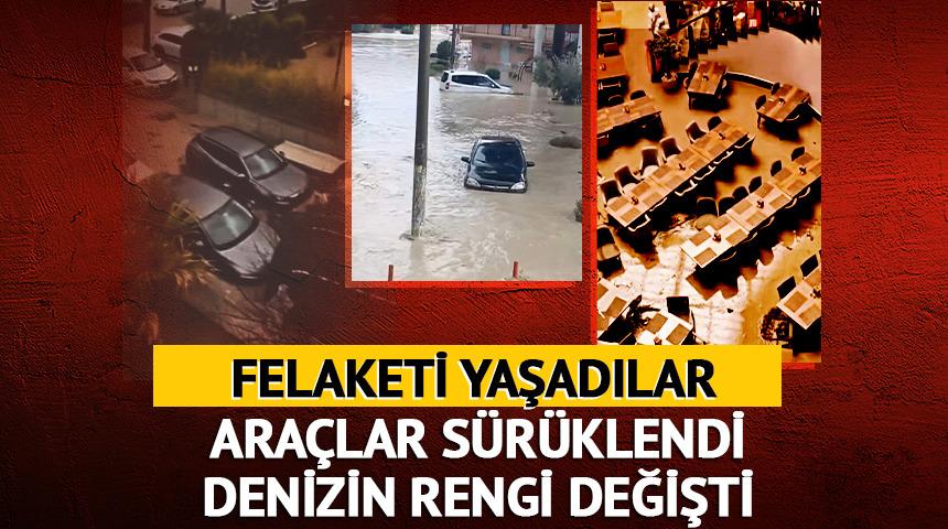 İki ayrı ili sel vurdu! Ara&ccedil;lar s&uuml;r&uuml;klendi, denizin rengi değişti