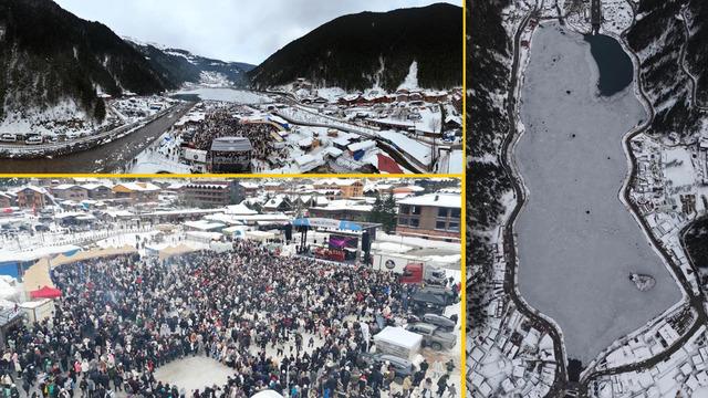 Uzung&ouml;l'&uuml;n &ccedil;evresinde binlerce kişi horon halkası oluşturdu