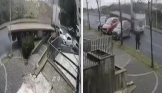 Başakşehir'de yokuştan kayan TIR 5 araca &ccedil;arptı; kaza kamerada