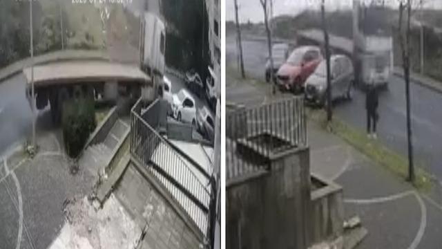 Başakşehir'de yokuştan kayan TIR 5 araca çarptı; kaza kamerada