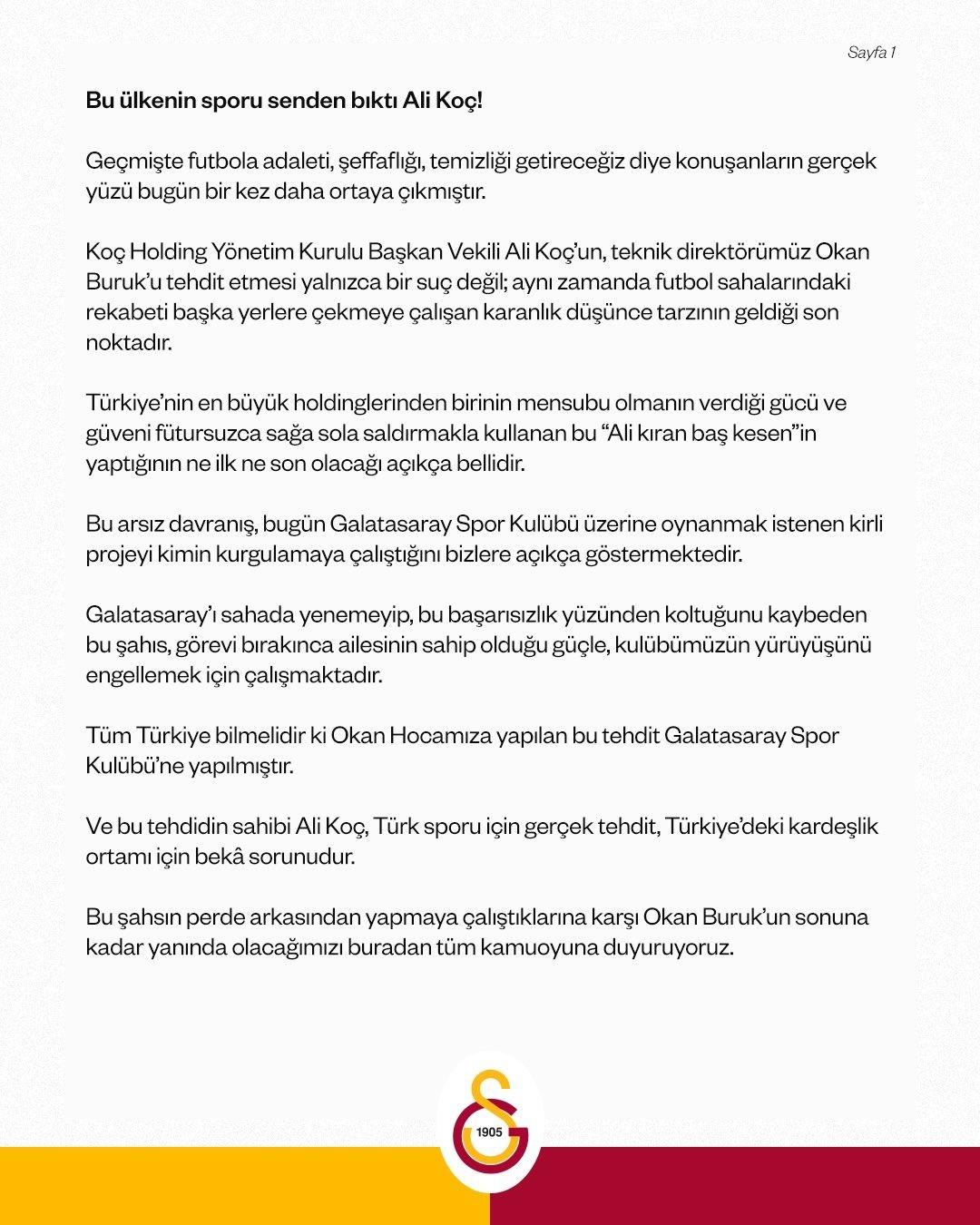 Galatasaray dan Ali Ko&ccedil; a zehir zemberek s&ouml;zler! "Bu &uuml;lkenin sporu senden bıktı Ali Ko&ccedil;" 1