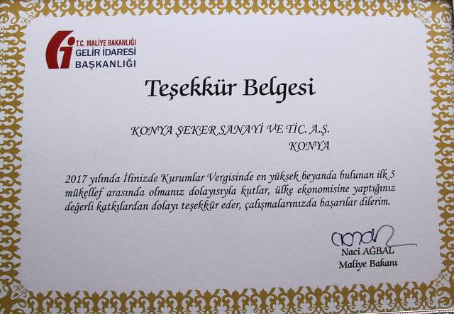 Konya Şeker'e Maliye Bakanlığı'ndan plaket