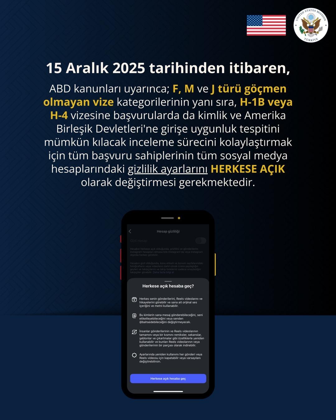 ABD B&uuml;y&uuml;kel&ccedil;iliği duyurdu: Vize başvurusunda  sosyal medya  şartı 1