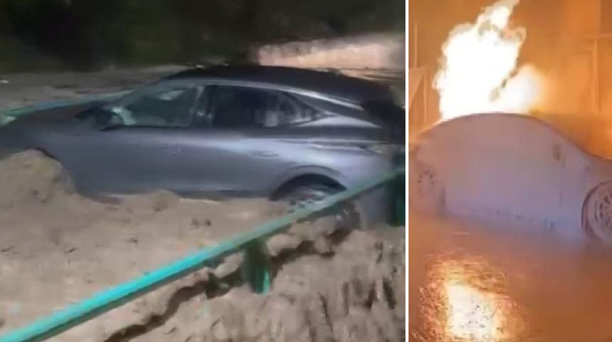 Manisa&rsquo;da sağanak yağış etkili oldu: Otomobil dereye d&uuml;şt&uuml;, elektrikli otomobil alev aldı