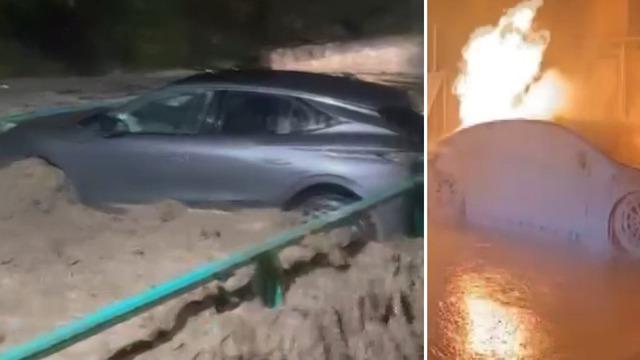 Manisa’da sağanak yağış etkili oldu: Otomobil dereye düştü, elektrikli otomobil alev aldı