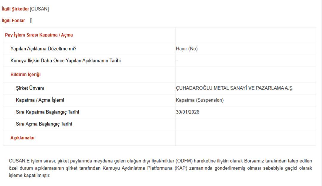 CUSAN Hissesi Neden İşleme Kapatıldı? 1