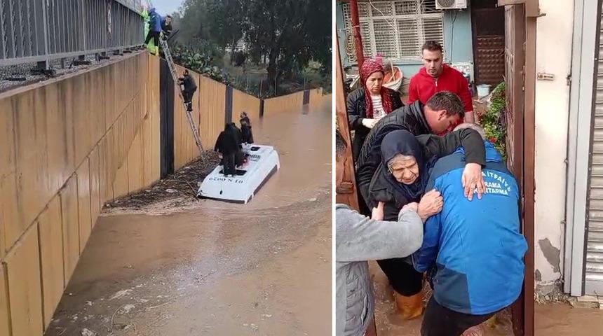 Sağanak yağmura servis aracında yakalananlar merdivenle kurtarıldı