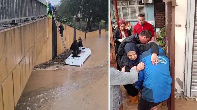 Sağanak yağmura servis aracında yakalananlar merdivenle kurtarıldı