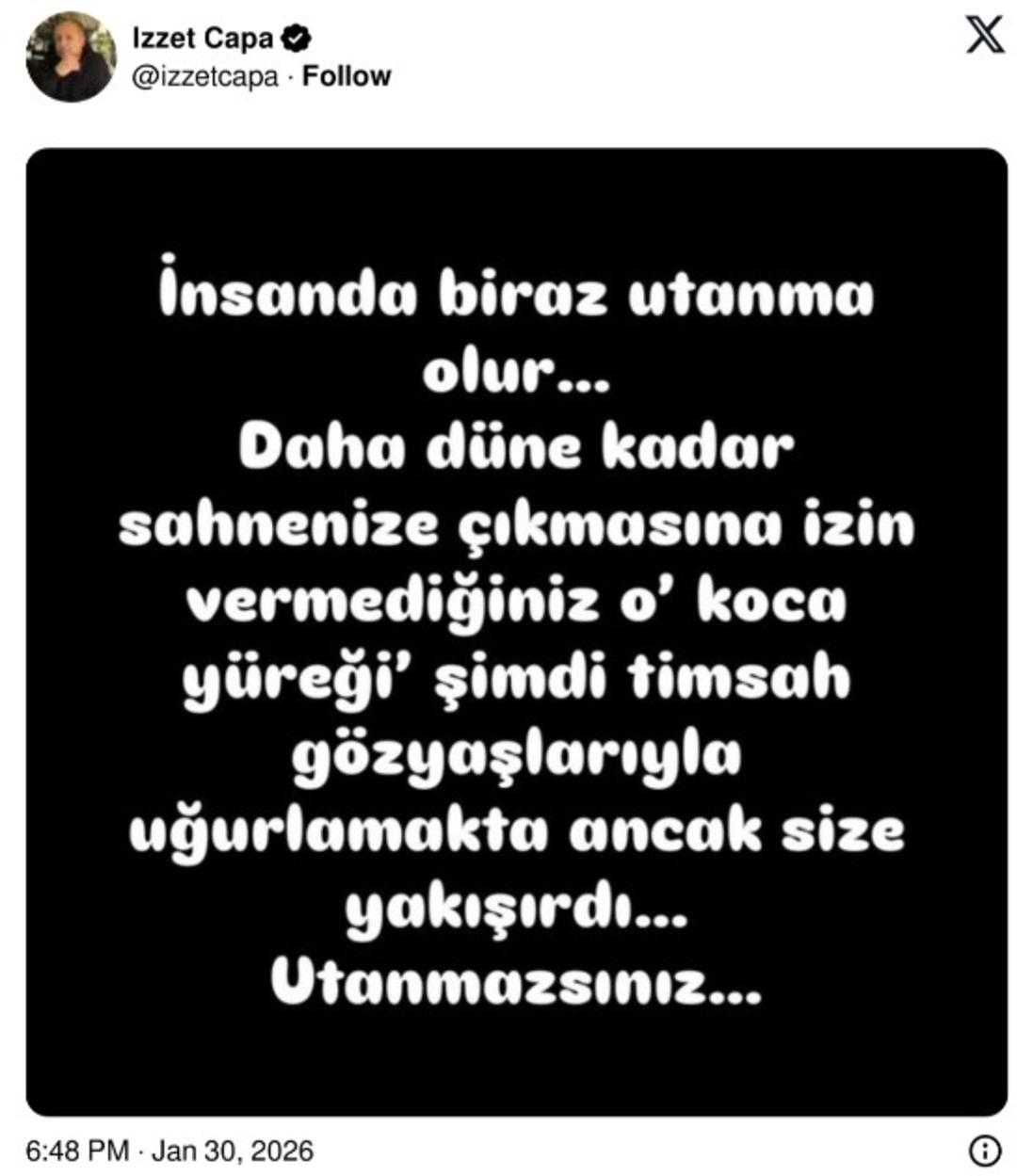 Fatih &Uuml;rek in vefatının ardından İzzet &Ccedil;apa dan imalı paylaşım!   Timsah g&ouml;zyaşları    2