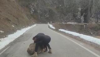 Yola d&uuml;şen kayayı otomobilleriyle &ccedil;ektiler