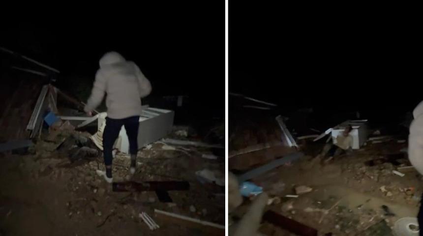 Hortumun savurduğu konteynerdeki yaralı adamın bulunduğu anların g&ouml;r&uuml;nt&uuml;s&uuml; &ccedil;ıktı