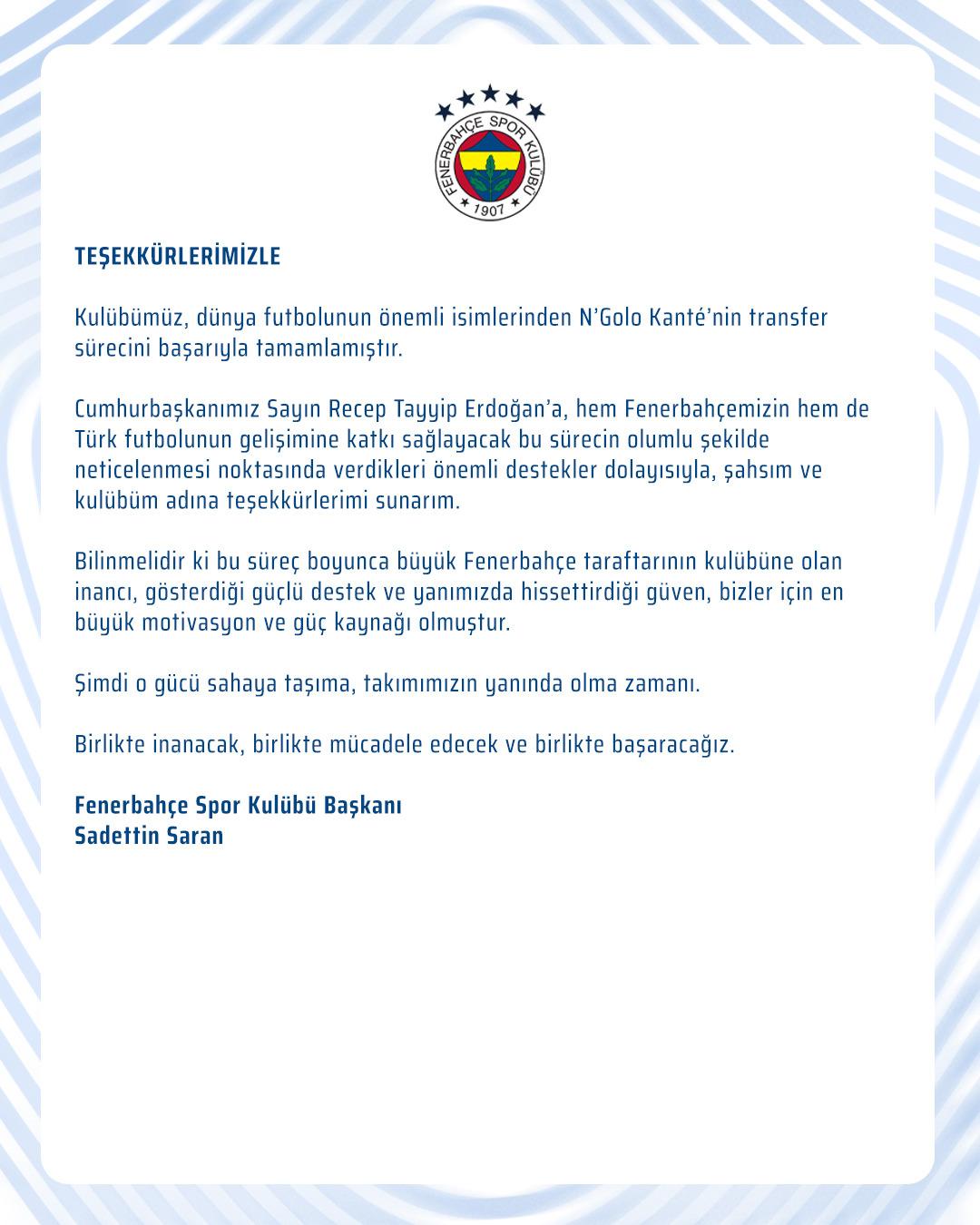 Fenerbah&ccedil;e den Cumhurbaşkanı Erdoğan a Kante transferi i&ccedil;in teşekk&uuml;r!  1