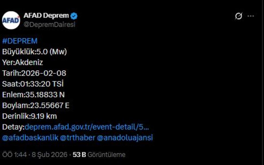 Akdeniz de gece saatlerinde 5 b&uuml;y&uuml;kl&uuml;ğ&uuml;nde deprem yaşandı 1