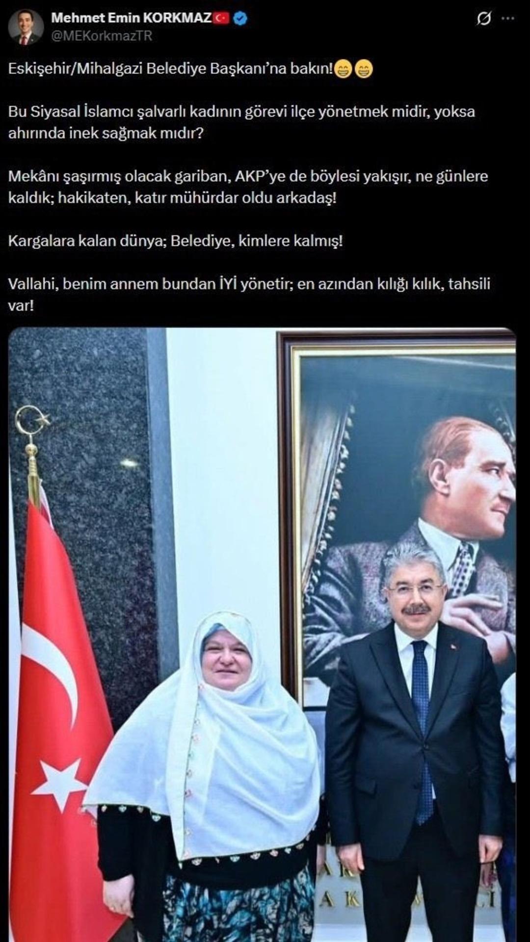 Belediye Başkanı Zeynep G&uuml;neş&rsquo;e kıyafeti &uuml;zerinden hakaret yağdırdı! İYİ Partili Mehmet Emin Korkmaz a infial yaratan paylaşımından g&ouml;zaltı 1