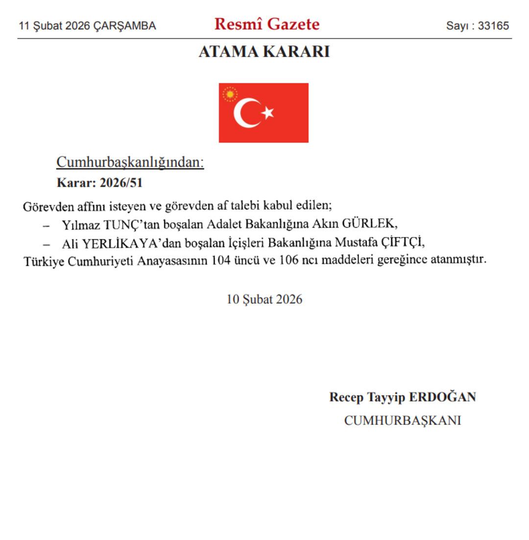 Son dakika: Resmi Gazete de yayımlandı! Akın G&uuml;rlek Adalet Bakanı, Mustafa &Ccedil;ift&ccedil;i İ&ccedil;işleri Bakanı oldu 1
