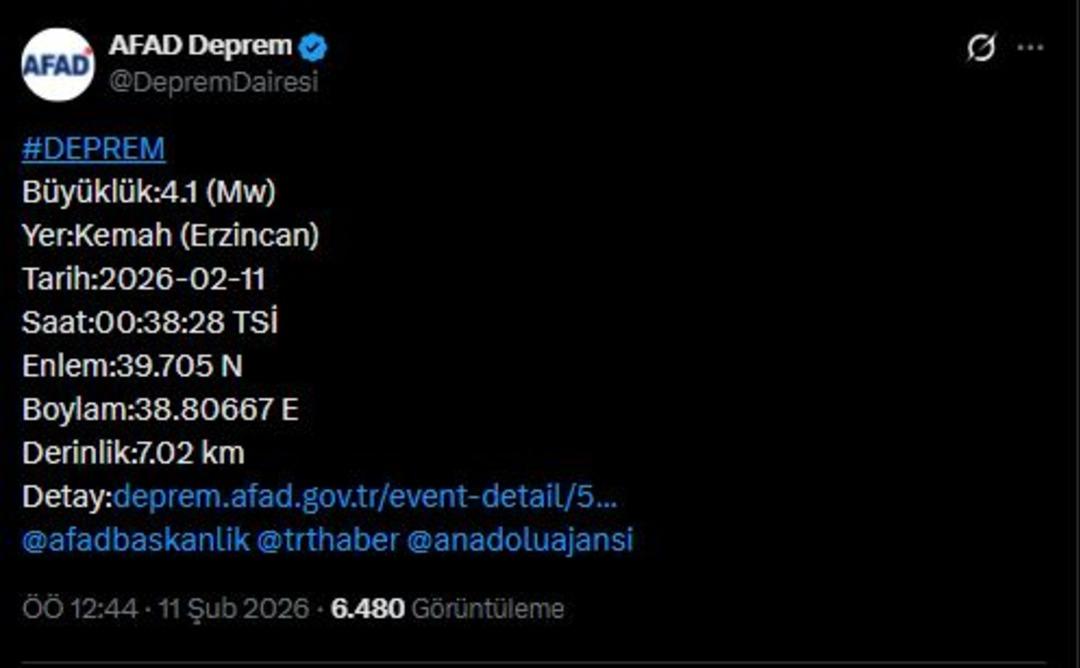 Erzincan da 4.1 b&uuml;y&uuml;kl&uuml;ğ&uuml;nde deprem meydana geldi 1