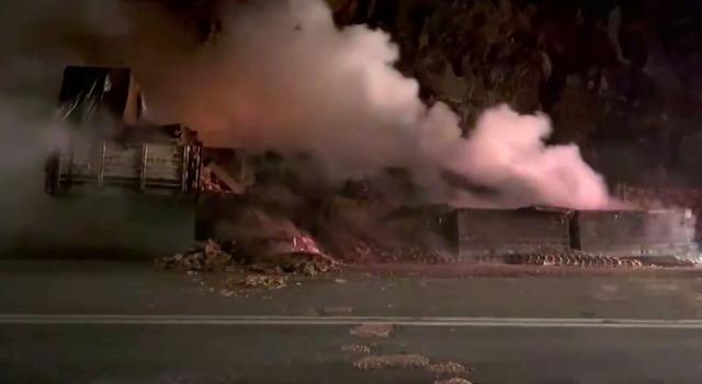 Isınan tekerlek balatalarından &ccedil;ıkan alevler sunta y&uuml;kl&uuml; tırı yaktı 1