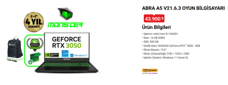 MONSTER ABRA A5 V21.6.3 OYUN BİLGİSAYARI