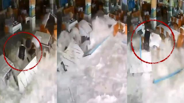 Antalya'da yıkıp geçen dalgalar: Restorana dalıp garsonu metrelerce sürükledi