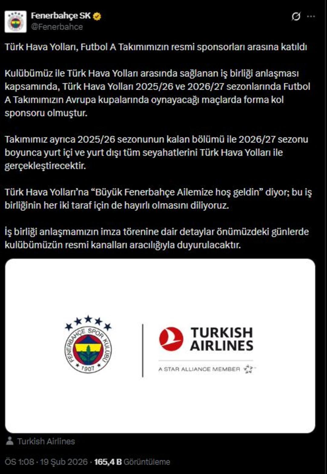 THY resmen a&ccedil;ıklandı! Fenerbah&ccedil;e den dev sponsorluk anlaşması 1