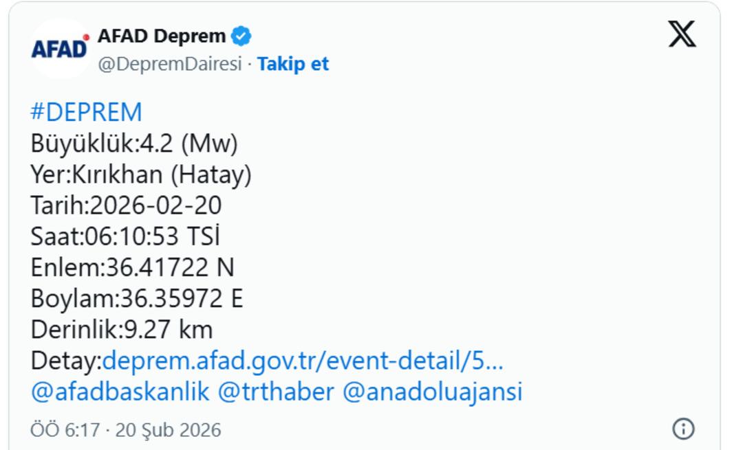 Hatay da 4.2 b&uuml;y&uuml;kl&uuml;ğ&uuml;nde deprem! AFAD duyurdu 1