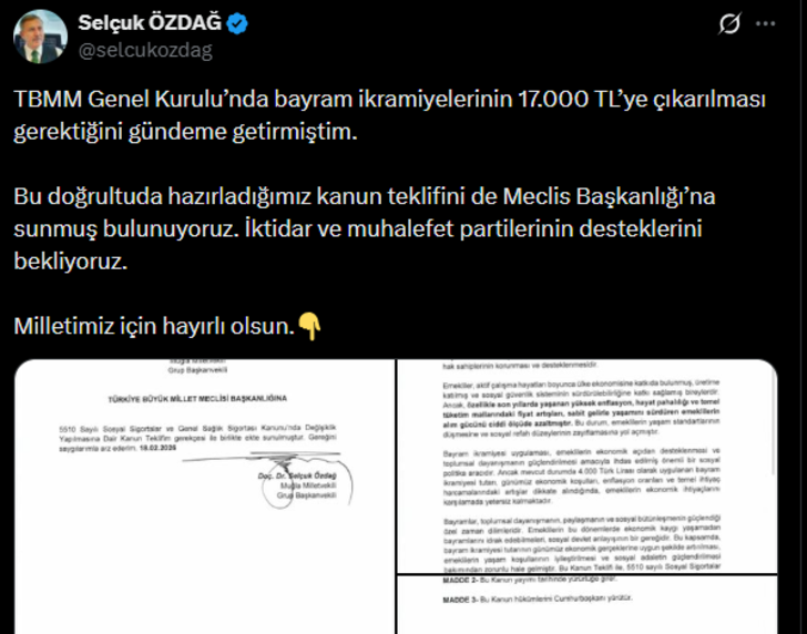 Emekli bayram ikramiyesi için 17 bin TL teklifi! 'Hayırlı olsun' diyerek Meclis'e sundu G5