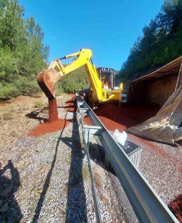 Peyzaj malzemesi y&uuml;kl&uuml; tır devrildi 2