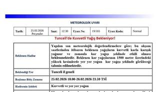 Tunceli i&ccedil;in &lsquo;Kuvvetli Yağış&rsquo; uyarısı