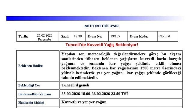 Tunceli için ‘Kuvvetli Yağış’ uyarısı