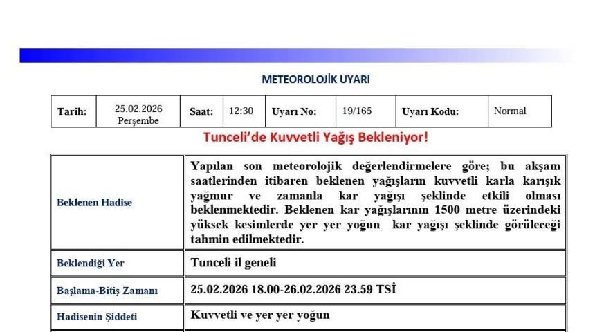 Tunceli i&ccedil;in &lsquo;Kuvvetli Yağış&rsquo; uyarısı