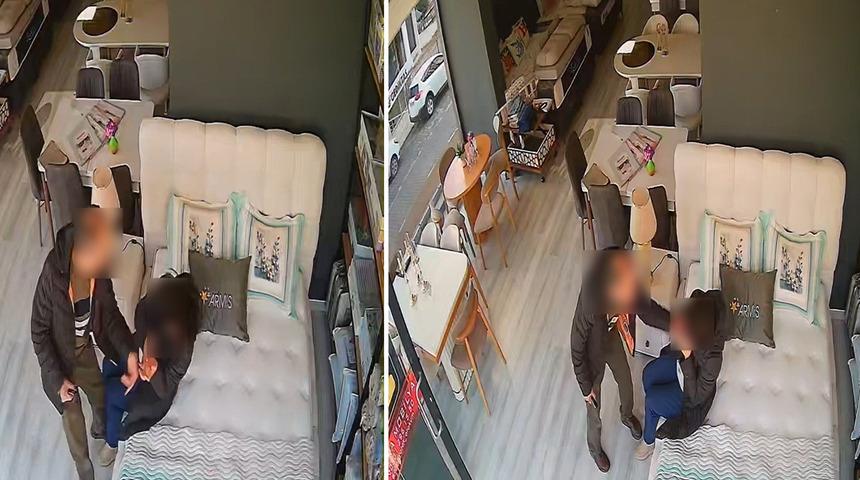 Eşini mobilya mağazasında darbetti: O anlar kamerada