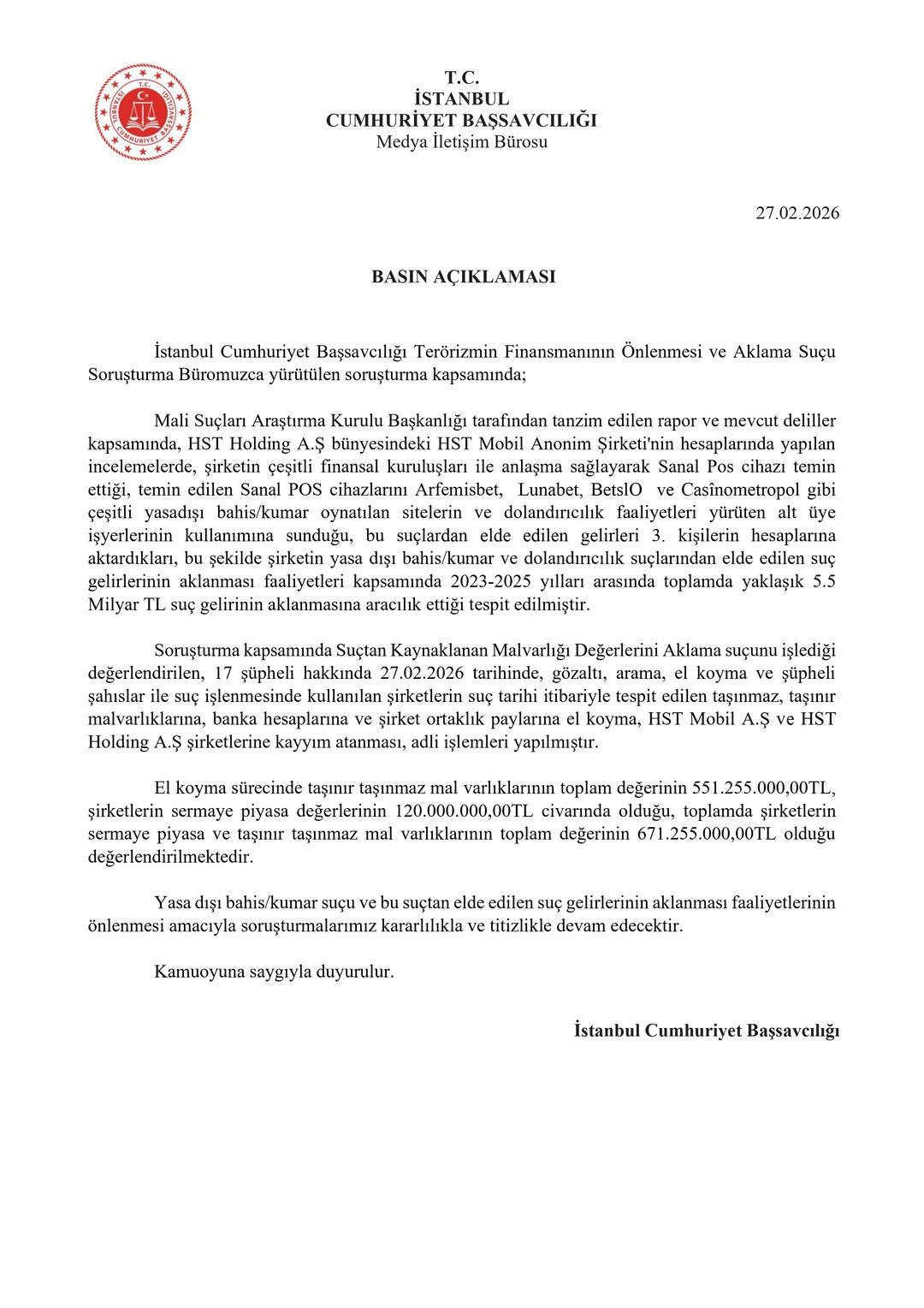 İstanbul Cumhuriyet Başsavcılığı duyurdu: Yasa dışı bahis operasyonunda HST Holding e kayyum atandı 2