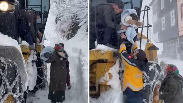Ordu'da hastalanan bebek, kardan kapanan yolda iş makinesi ile taşındı